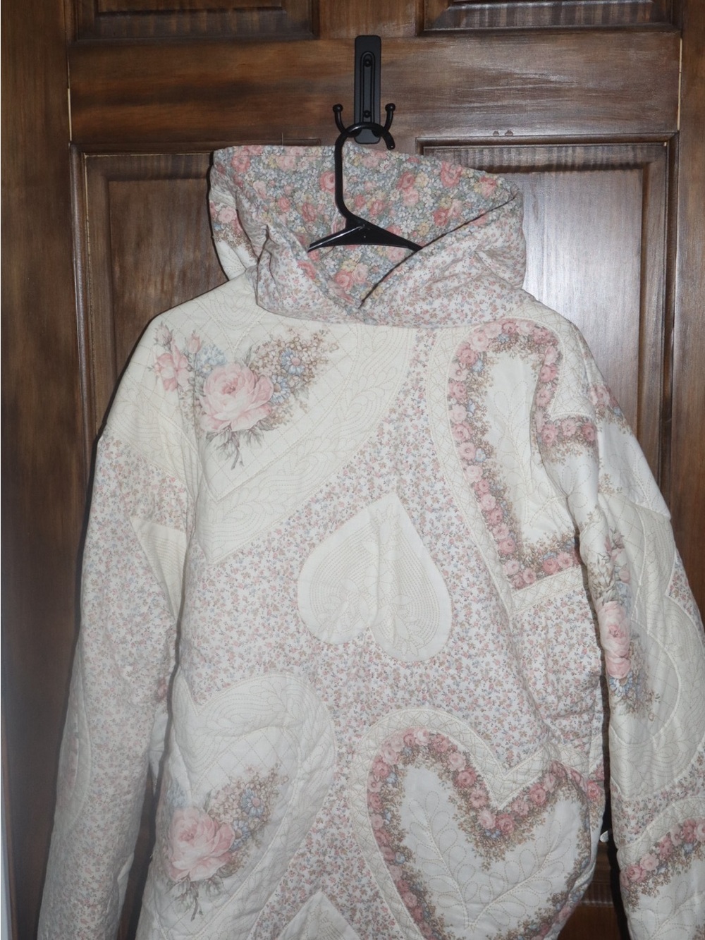 Women's Cream Quilted Hoodie with Soft Pink Floral Print